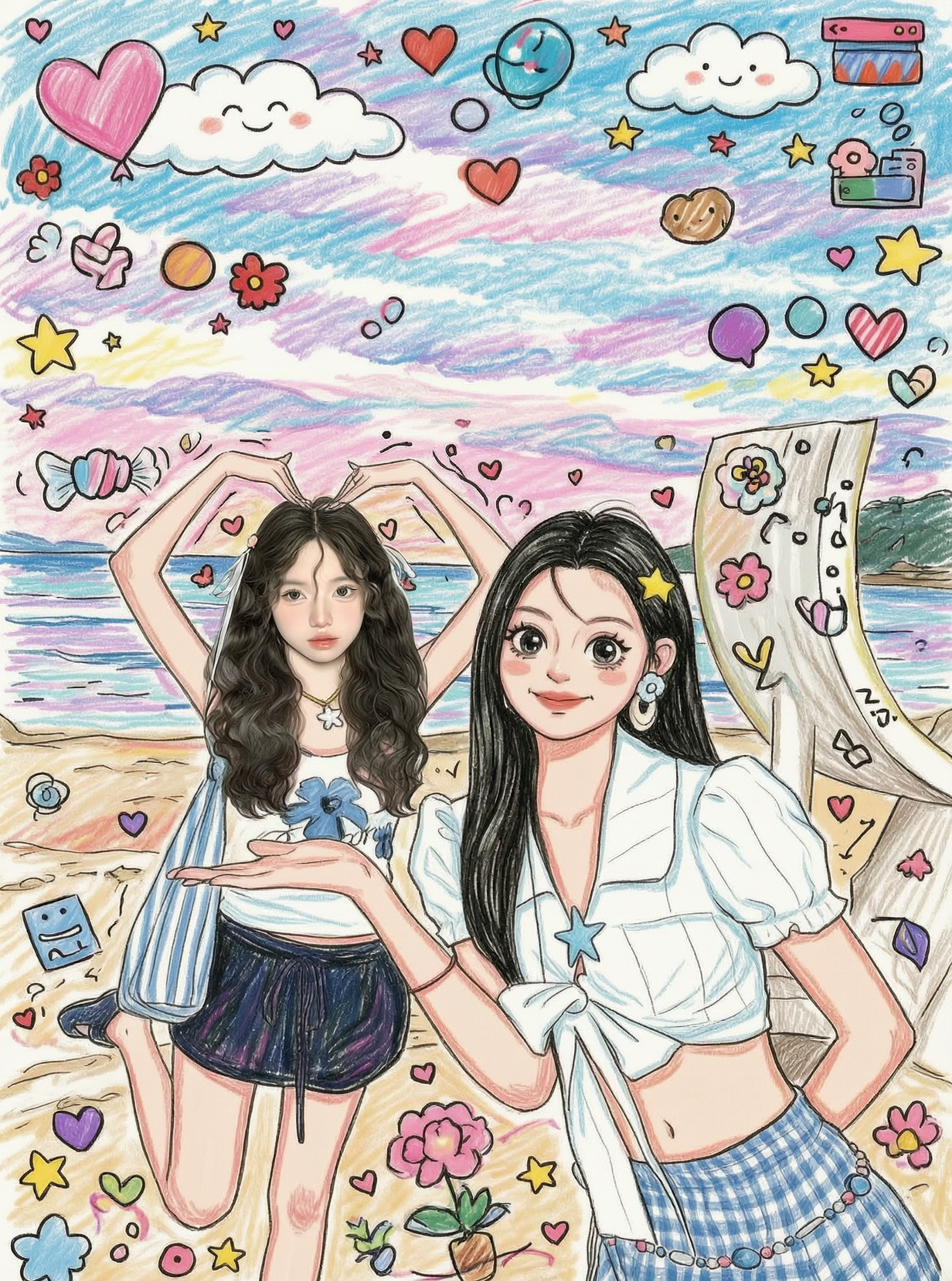 【Wan2.7】蜡笔涂鸦转换闺蜜写真 - 作品图1