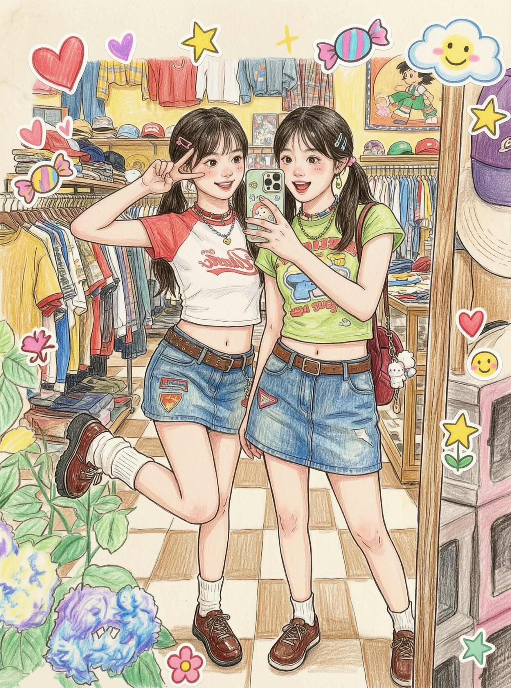 【Wan2.7】AI热门涂鸦风闺蜜写真 - 作品图1