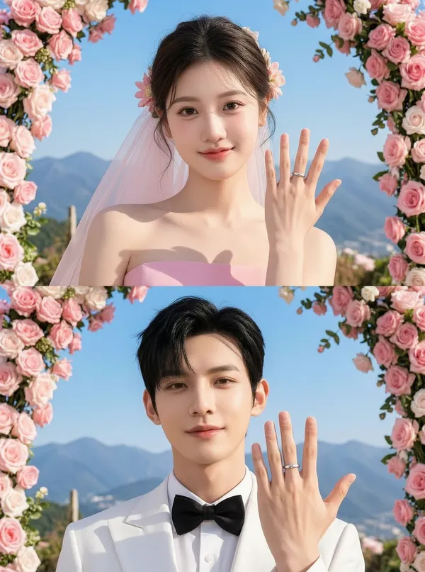 花拱门婚戒情侣💍户外清新婚纱照一键生成 - 主图(AI艺术作品)