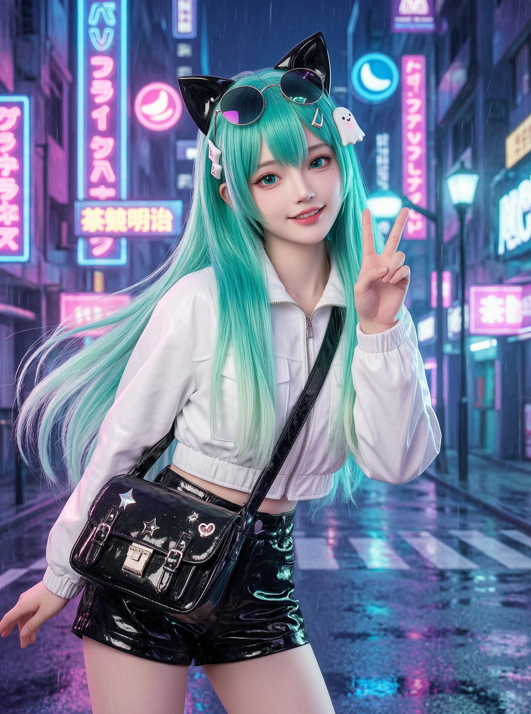一键生成：CG赛博朋克猫耳少女海报 - 作品图1