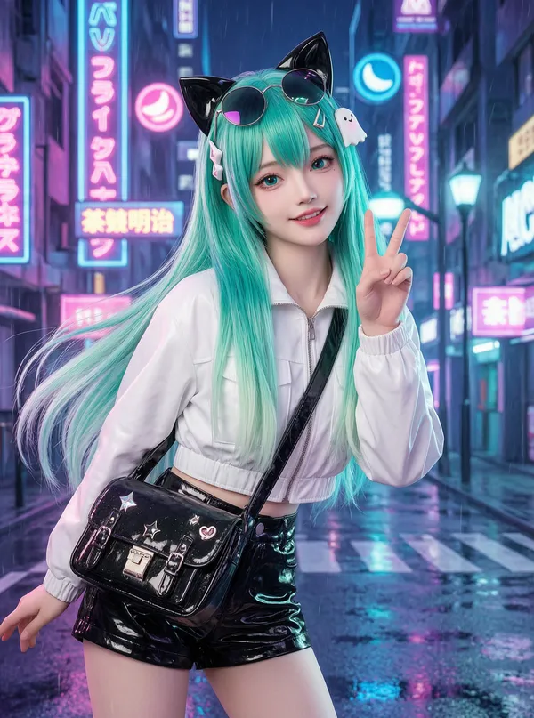 一键生成：CG赛博朋克猫耳少女海报 - 主图（AI艺术作品）