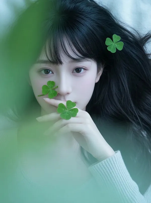 四叶草贴脸🍀森系冷绿AI写真 - 主图（AI艺术作品）