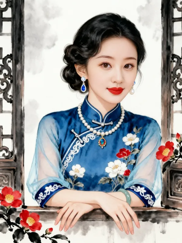 新中式水墨旗袍国风插画 上传女图做同款 - 主图（AI艺术作品）
