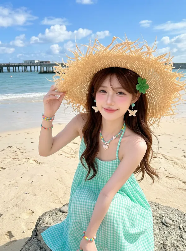 🌊晴日海边限定｜薄荷绿格纹沙滩草帽甜妹 - C作品